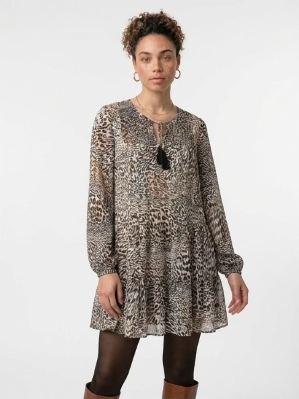 Express Animal Print Long-Sleeve Shift Dress - Brown